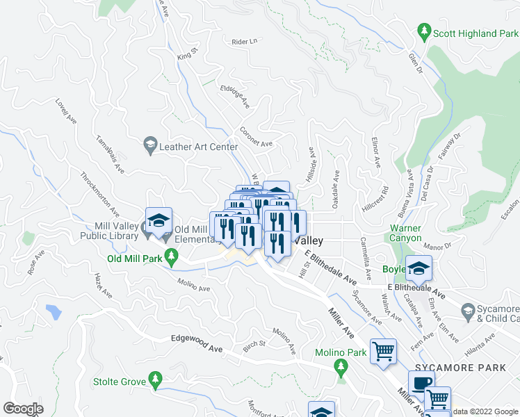 map of restaurants, bars, coffee shops, grocery stores, and more near 40 West Blithedale Avenue in Mill Valley