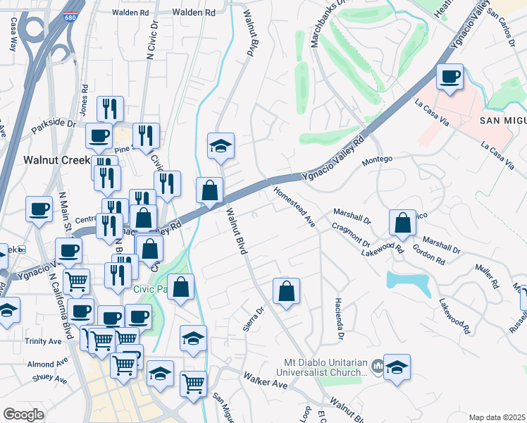 map of restaurants, bars, coffee shops, grocery stores, and more near 2564 Walnut Boulevard in Walnut Creek