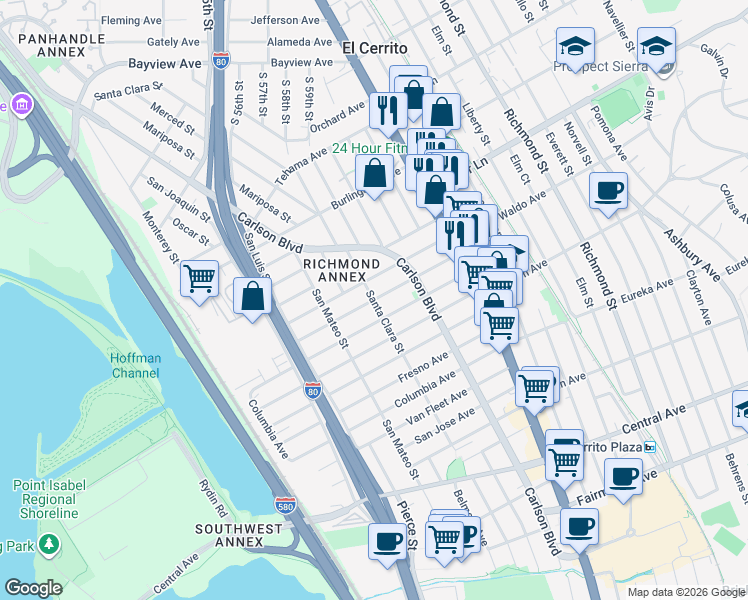 map of restaurants, bars, coffee shops, grocery stores, and more near Santa Cruz Avenue in Richmond