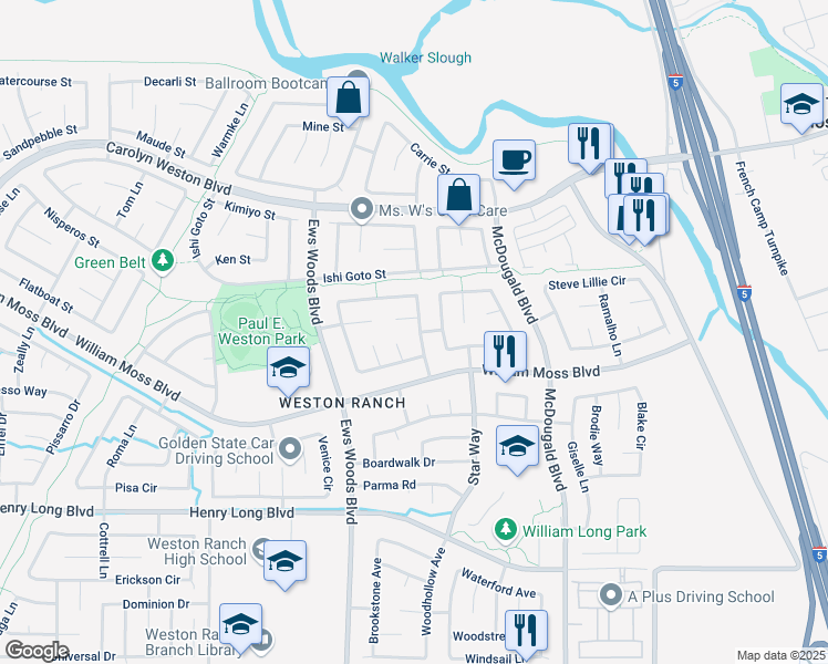 map of restaurants, bars, coffee shops, grocery stores, and more near 1041 Klemeyer Circle in Stockton