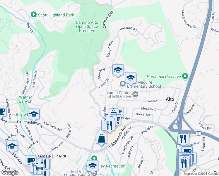 map of restaurants, bars, coffee shops, grocery stores, and more near 26 Azalea Drive in Mill Valley