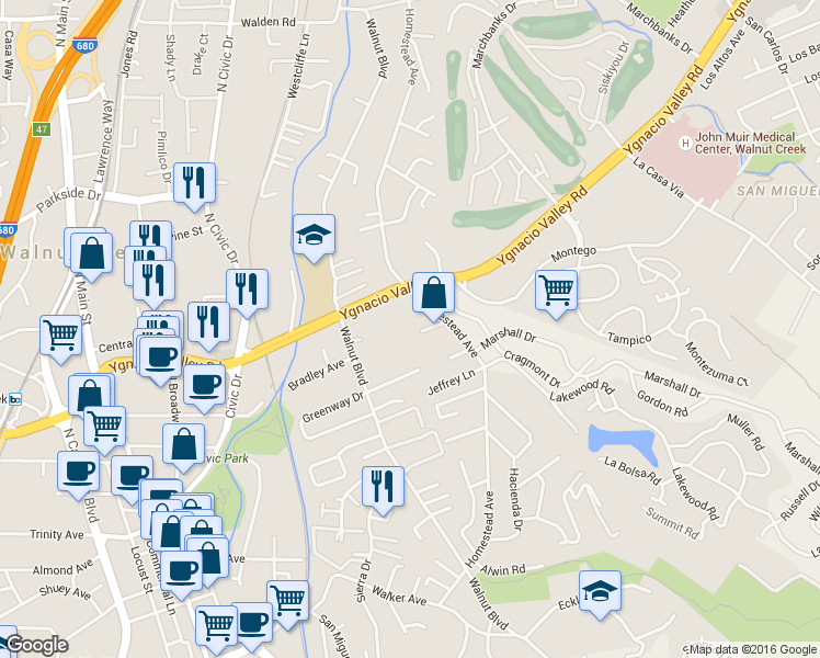 map of restaurants, bars, coffee shops, grocery stores, and more near 2564 Walnut Boulevard in Walnut Creek