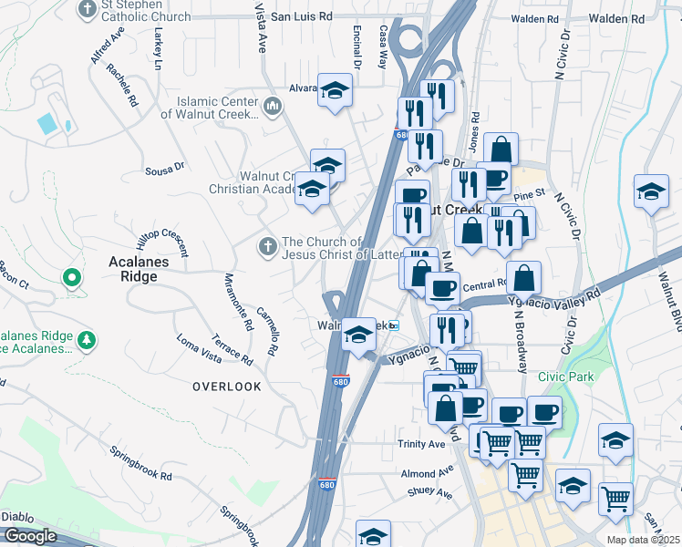 map of restaurants, bars, coffee shops, grocery stores, and more near 1861 Parkside Drive in Walnut Creek