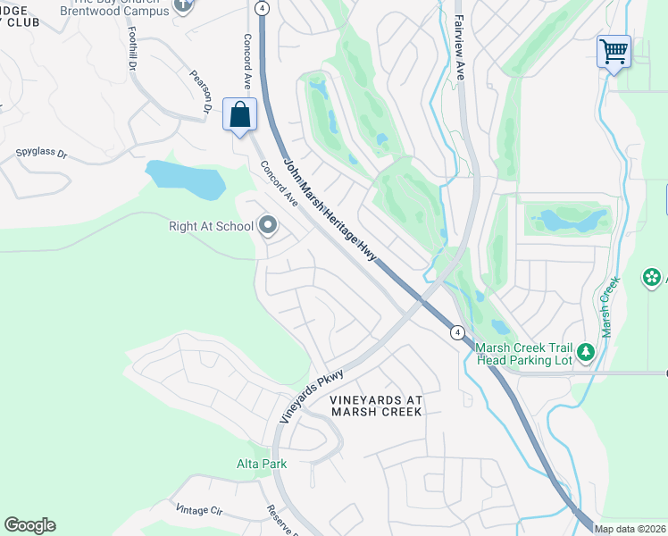 map of restaurants, bars, coffee shops, grocery stores, and more near 1639 Gamay Lane in Brentwood