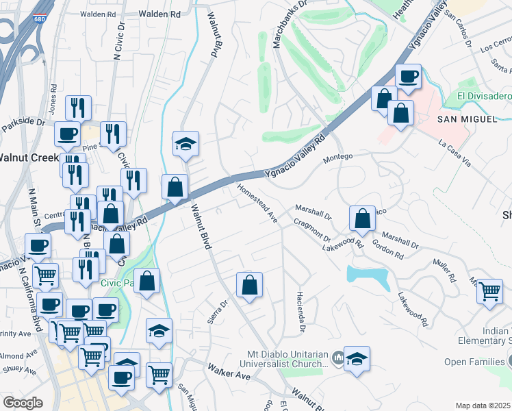 map of restaurants, bars, coffee shops, grocery stores, and more near 1241 Homestead Avenue in Walnut Creek