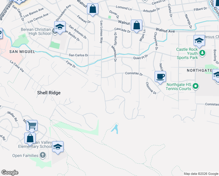 map of restaurants, bars, coffee shops, grocery stores, and more near 1032 Millbrook Court in Walnut Creek