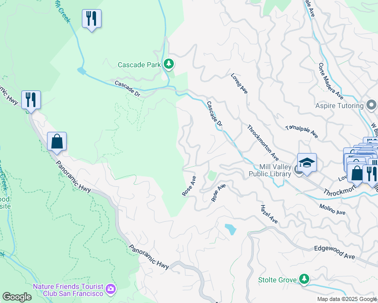 map of restaurants, bars, coffee shops, grocery stores, and more near 336 Rose Avenue in Mill Valley