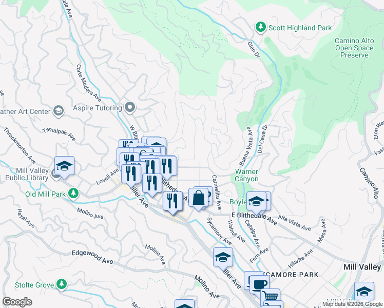 map of restaurants, bars, coffee shops, grocery stores, and more near 124 Oakdale Avenue in Mill Valley
