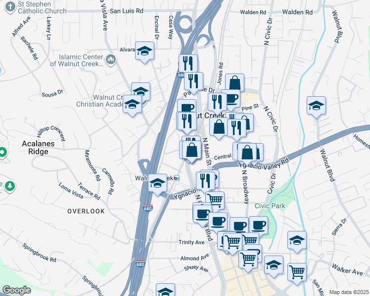 map of restaurants, bars, coffee shops, grocery stores, and more near 200 Pringle Avenue in Walnut Creek