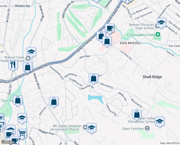 map of restaurants, bars, coffee shops, grocery stores, and more near 1402 Los Vecinos in Walnut Creek