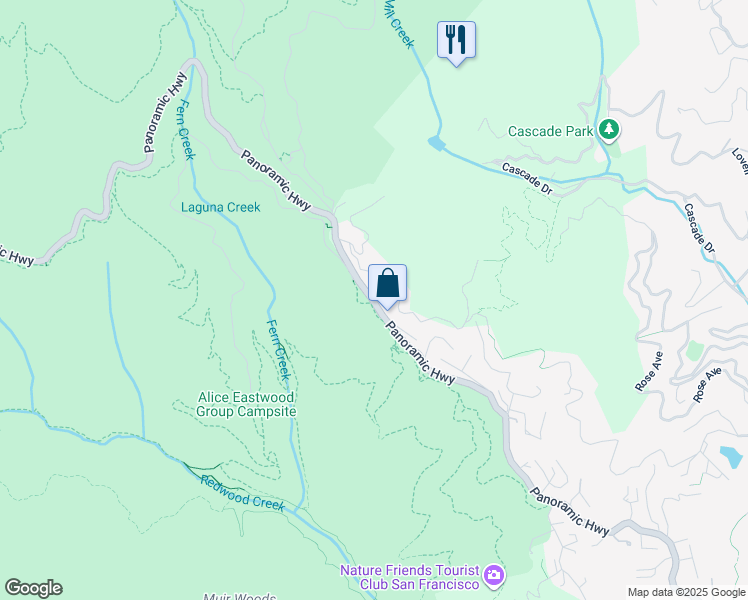 map of restaurants, bars, coffee shops, grocery stores, and more near 753 Panoramic Hwy in Mill Valley