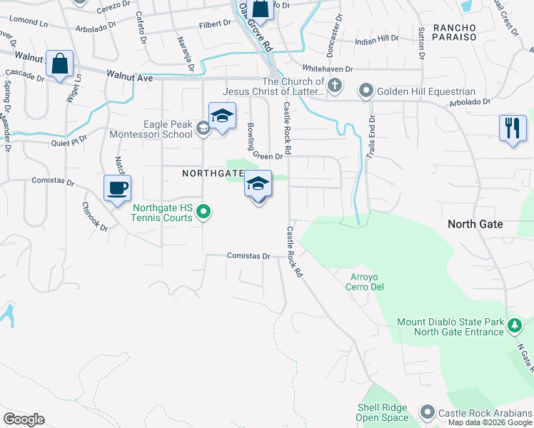 map of restaurants, bars, coffee shops, grocery stores, and more near 425 Castle Rock Road in Walnut Creek