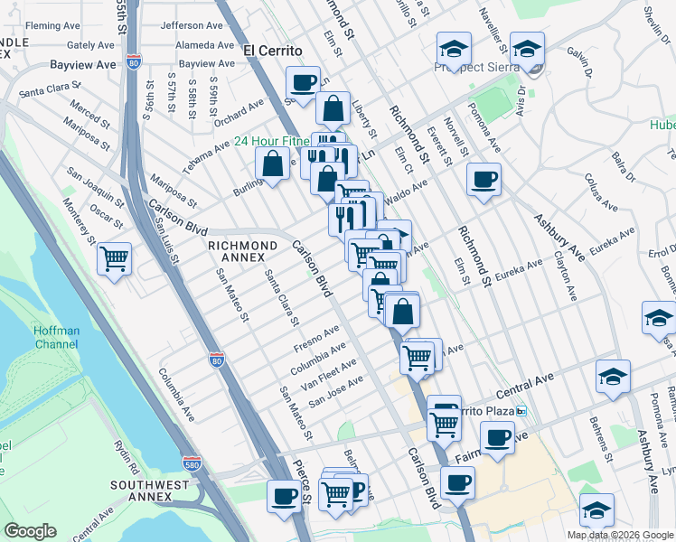 map of restaurants, bars, coffee shops, grocery stores, and more near 6114 Huntington Avenue in Richmond