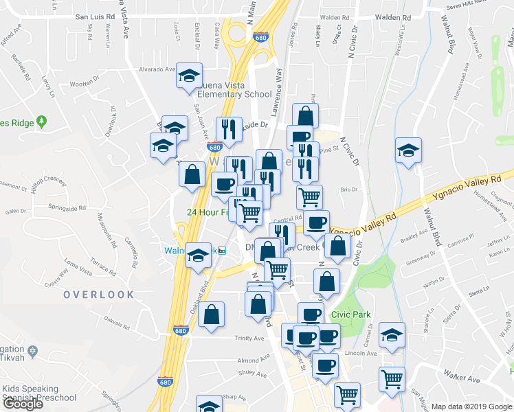 map of restaurants, bars, coffee shops, grocery stores, and more near 2051 North Main Street in Walnut Creek