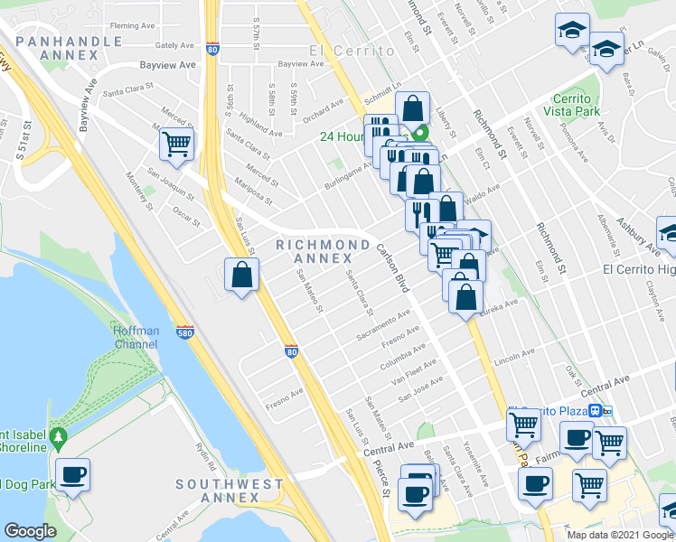map of restaurants, bars, coffee shops, grocery stores, and more near 5722 Sutter Avenue in Richmond