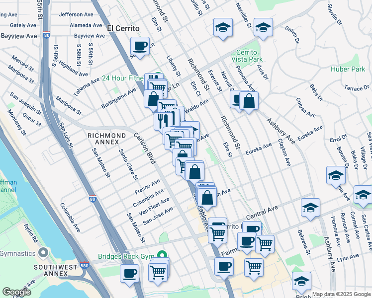 map of restaurants, bars, coffee shops, grocery stores, and more near 6326 Stockton Avenue in El Cerrito