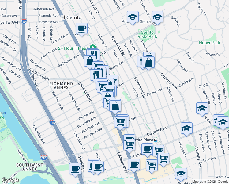 map of restaurants, bars, coffee shops, grocery stores, and more near 6500 Stockton Avenue in El Cerrito