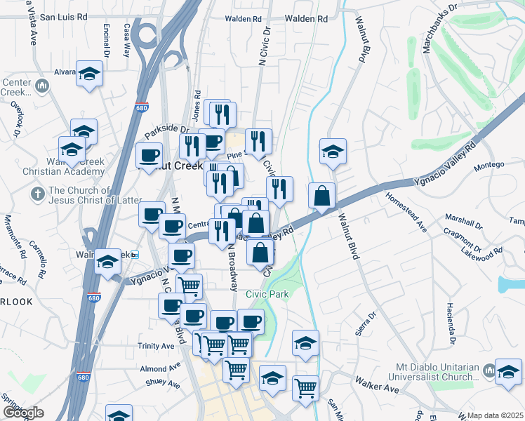 map of restaurants, bars, coffee shops, grocery stores, and more near 141 North Civic Drive in Walnut Creek