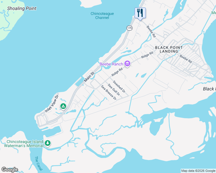 map of restaurants, bars, coffee shops, grocery stores, and more near 8193-8299 Sea Gull Drive in Chincoteague Island