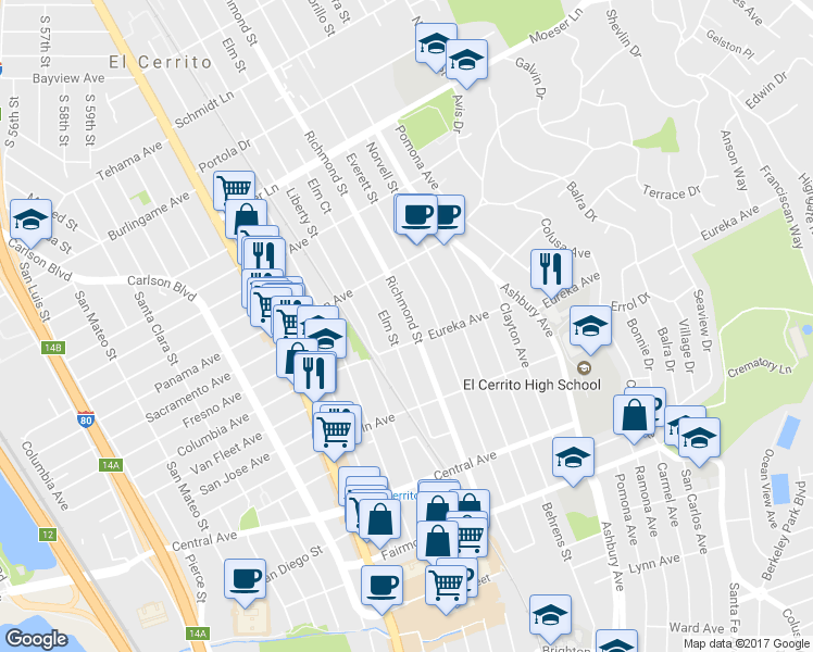 map of restaurants, bars, coffee shops, grocery stores, and more near 713 Richmond Street in El Cerrito