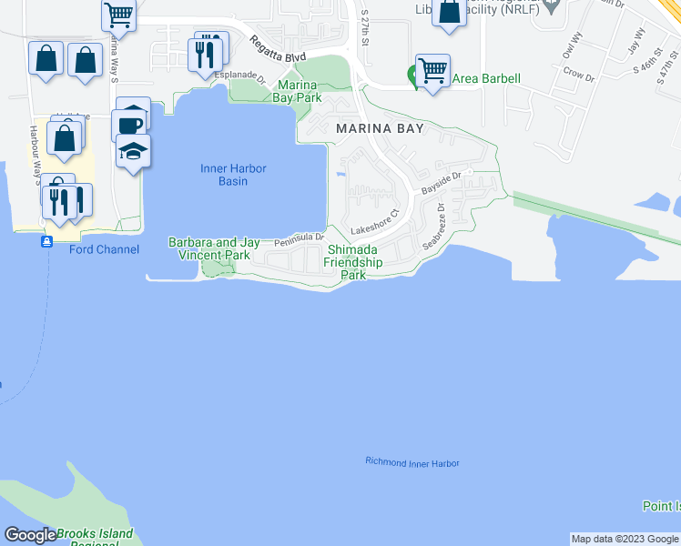 map of restaurants, bars, coffee shops, grocery stores, and more near 73 Harbor View Drive in Richmond