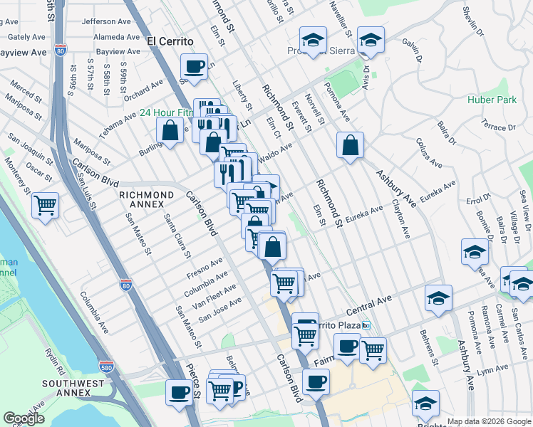 map of restaurants, bars, coffee shops, grocery stores, and more near 724 Kearney Street in El Cerrito