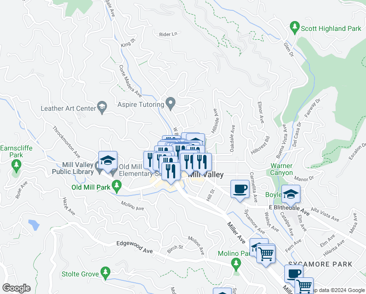 map of restaurants, bars, coffee shops, grocery stores, and more near 40 West Blithedale Avenue in Mill Valley