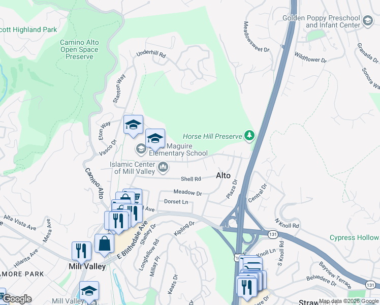 map of restaurants, bars, coffee shops, grocery stores, and more near 12 Greenfield Court in Mill Valley