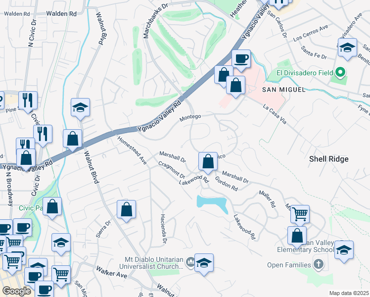 map of restaurants, bars, coffee shops, grocery stores, and more near 1333 Corte Madera in Walnut Creek