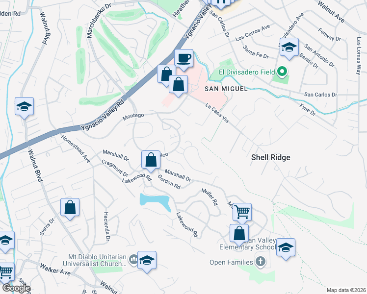 map of restaurants, bars, coffee shops, grocery stores, and more near 677 Tampico in Walnut Creek