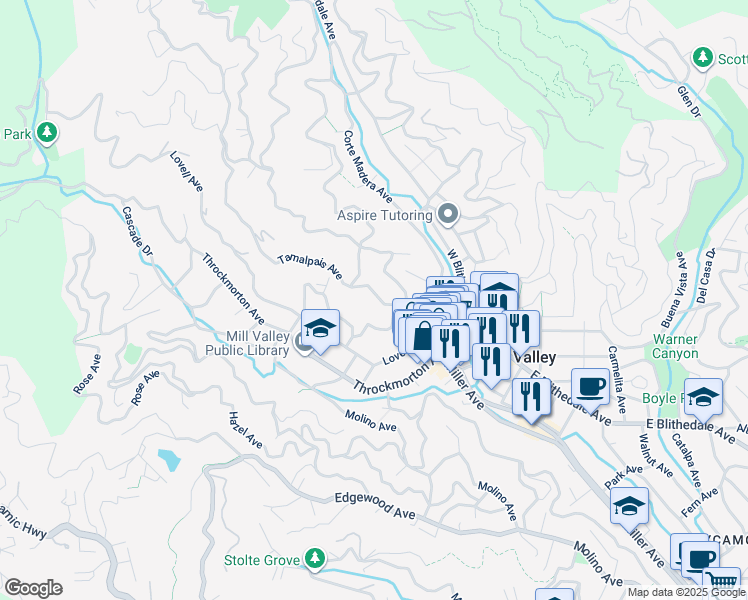 map of restaurants, bars, coffee shops, grocery stores, and more near 21 Tamalpais Avenue in Mill Valley