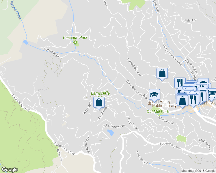 map of restaurants, bars, coffee shops, grocery stores, and more near 39 Renz Road in Mill Valley