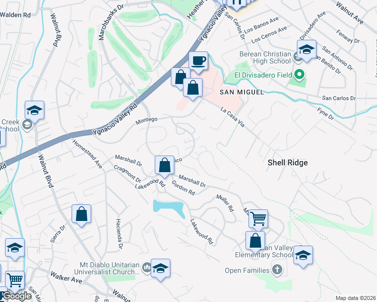map of restaurants, bars, coffee shops, grocery stores, and more near 671 Tampico in Walnut Creek