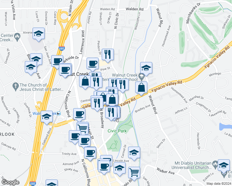 map of restaurants, bars, coffee shops, grocery stores, and more near 161 North Civic Drive in Walnut Creek