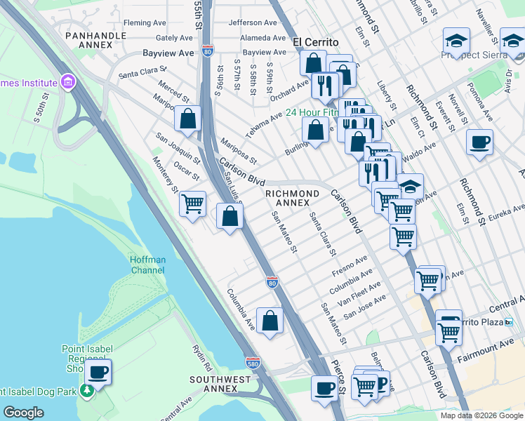map of restaurants, bars, coffee shops, grocery stores, and more near 5506 Modoc Avenue in Richmond