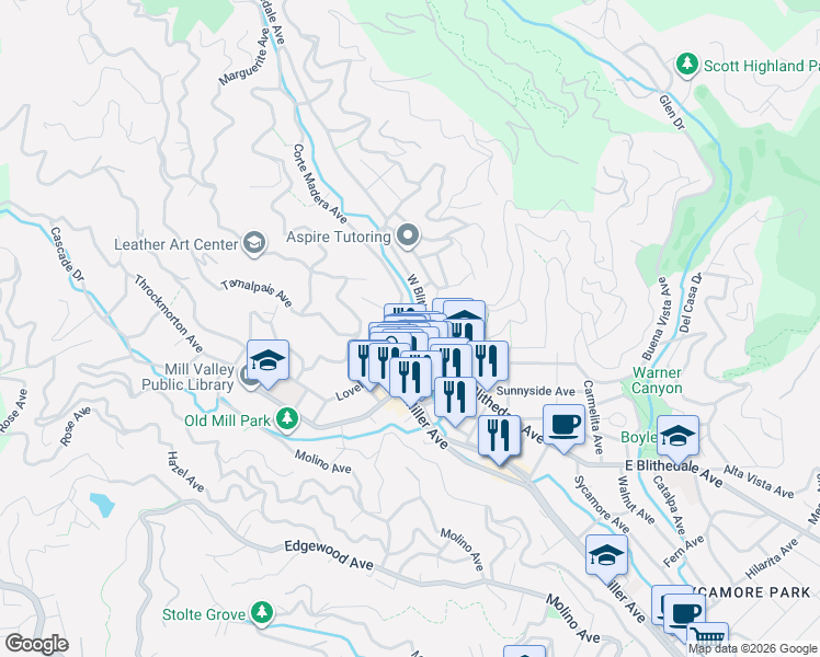 map of restaurants, bars, coffee shops, grocery stores, and more near 4 Bayview Avenue in Mill Valley