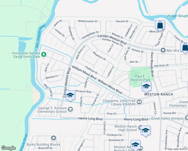 map of restaurants, bars, coffee shops, grocery stores, and more near 2047 William Moss Boulevard in Stockton
