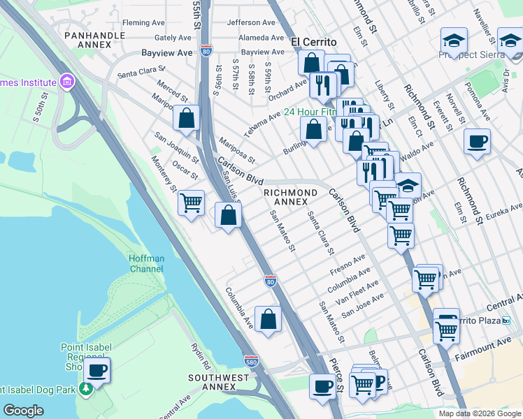 map of restaurants, bars, coffee shops, grocery stores, and more near 5506 Modoc Avenue in Richmond