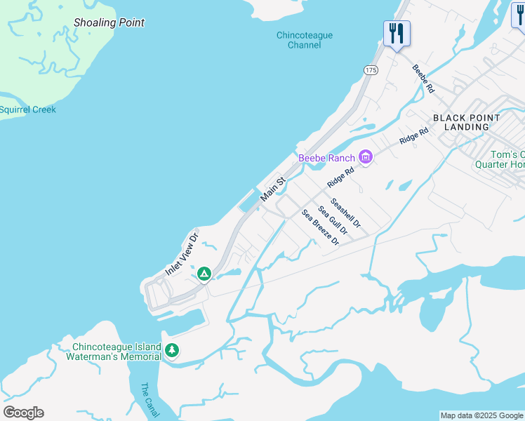 map of restaurants, bars, coffee shops, grocery stores, and more near 2410 Sea Bass Drive in Chincoteague Island