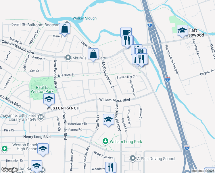 map of restaurants, bars, coffee shops, grocery stores, and more near 931 Kate Linde Circle in Stockton