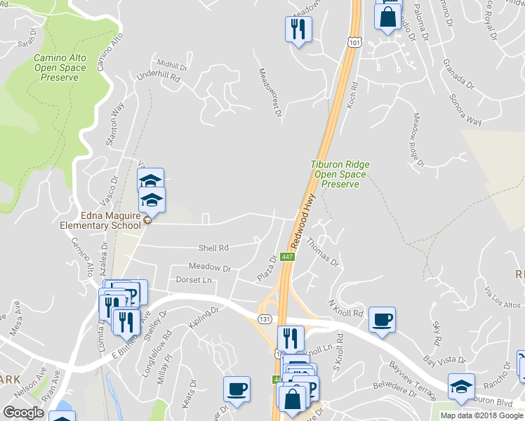 map of restaurants, bars, coffee shops, grocery stores, and more near 26 Lomita Drive in Mill Valley