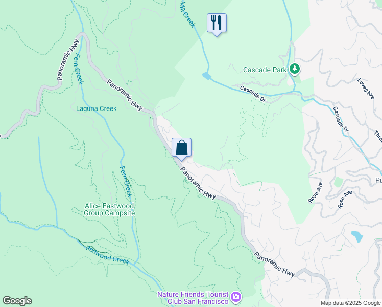 map of restaurants, bars, coffee shops, grocery stores, and more near 998 Edgewood Avenue in Mill Valley