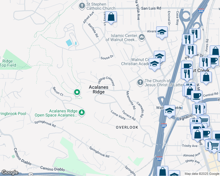 map of restaurants, bars, coffee shops, grocery stores, and more near 165 Springside Road in Walnut Creek