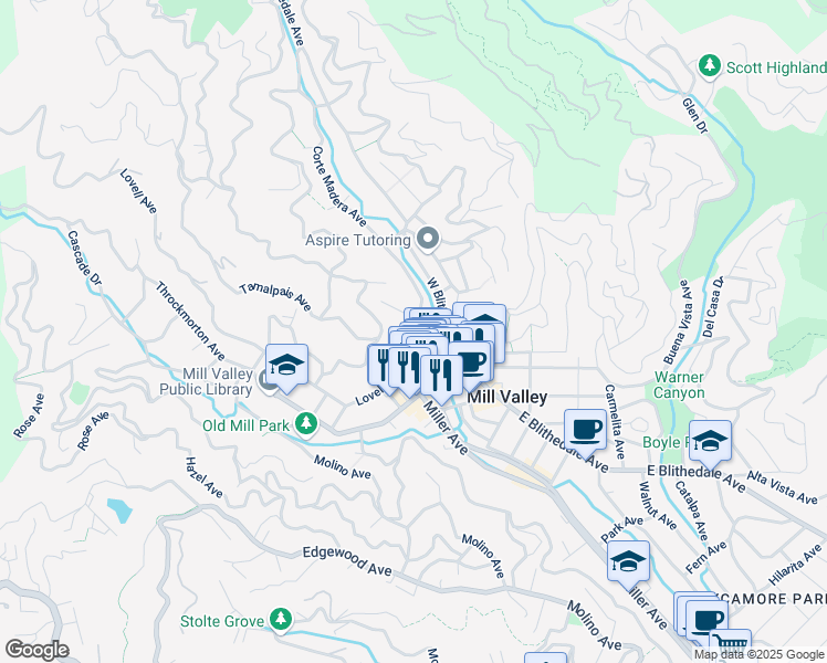 map of restaurants, bars, coffee shops, grocery stores, and more near 4 Bayview Avenue in Mill Valley