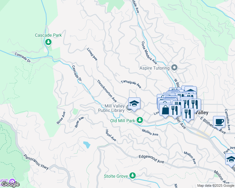 map of restaurants, bars, coffee shops, grocery stores, and more near 212 Lovell Avenue in Mill Valley