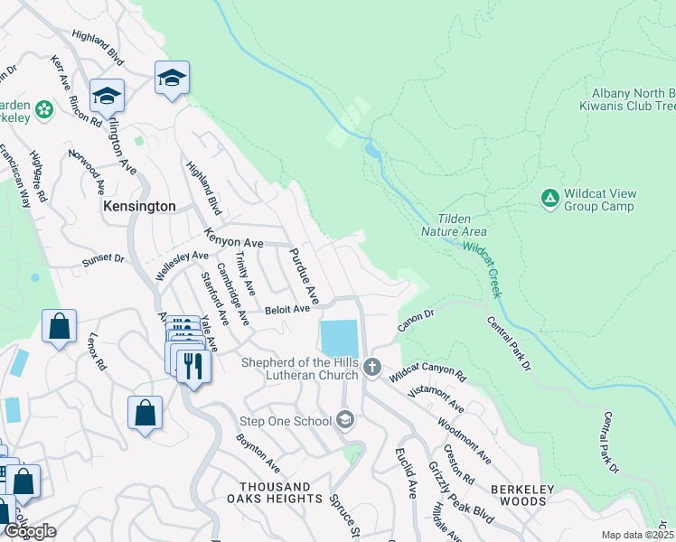map of restaurants, bars, coffee shops, grocery stores, and more near 274 Grizzly Peak Boulevard in Kensington