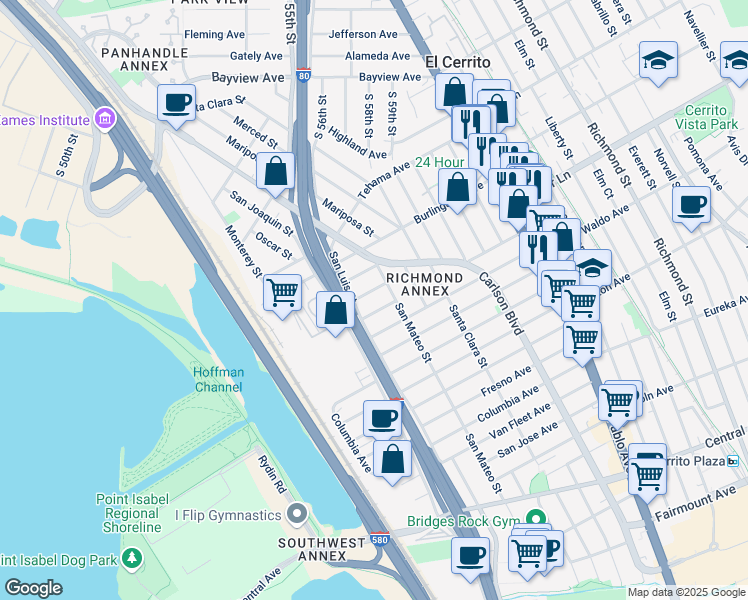 map of restaurants, bars, coffee shops, grocery stores, and more near 5506 Modoc Avenue in Richmond
