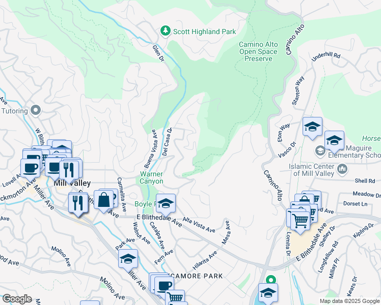 map of restaurants, bars, coffee shops, grocery stores, and more near 230 Del Casa Drive in Mill Valley