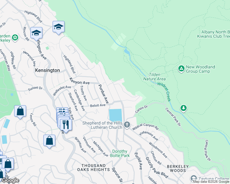 map of restaurants, bars, coffee shops, grocery stores, and more near 274 Grizzly Peak Boulevard in Kensington