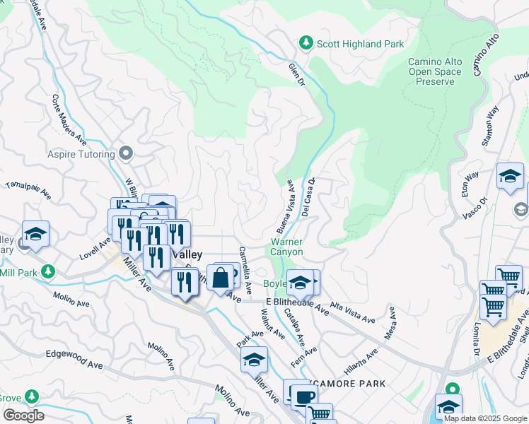 map of restaurants, bars, coffee shops, grocery stores, and more near 36 Hillcrest Road in Mill Valley